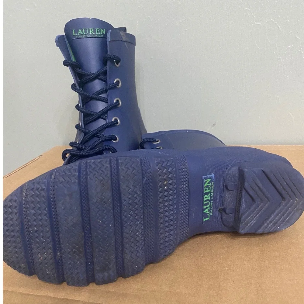 Lauren Ralph Lauren Mikenna-Bo-Ra Navy Blue Rubber Lace Up Rain Boots Womens 6B
